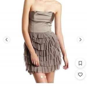 BCBGMAXAZRIA MINI DRESS JACQUIER HAZELNUT SATIN & TIERED TULLE SIZE 0